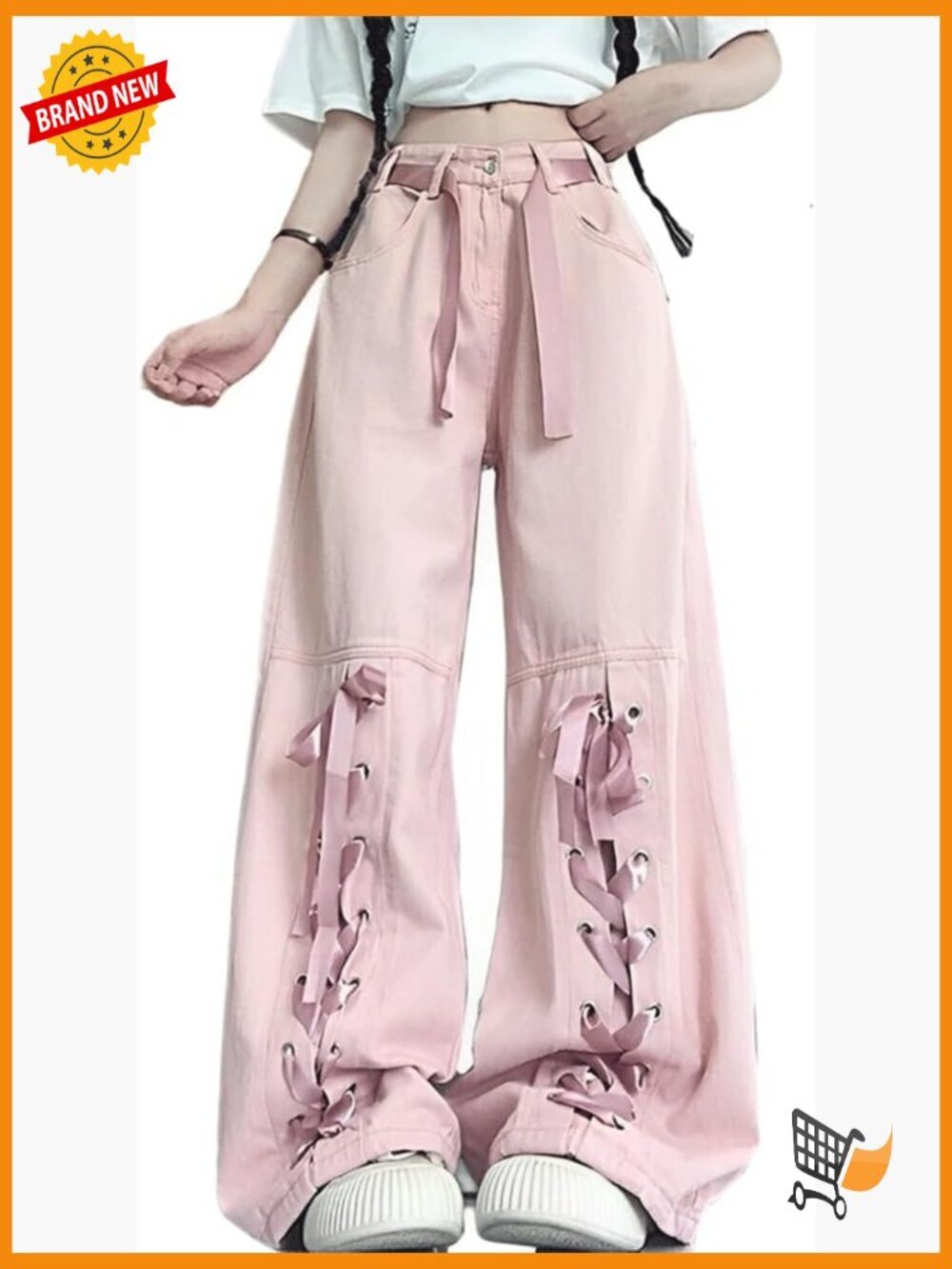 Wide Leg Ribbon Trim Denim Pants, Gothic Y2K Grunge Streetwear, High Rise